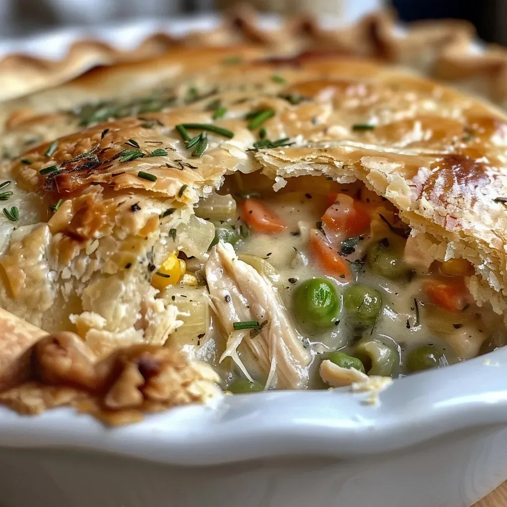 Close-up side view of a slice of chicken pot pie topped with stuffing.