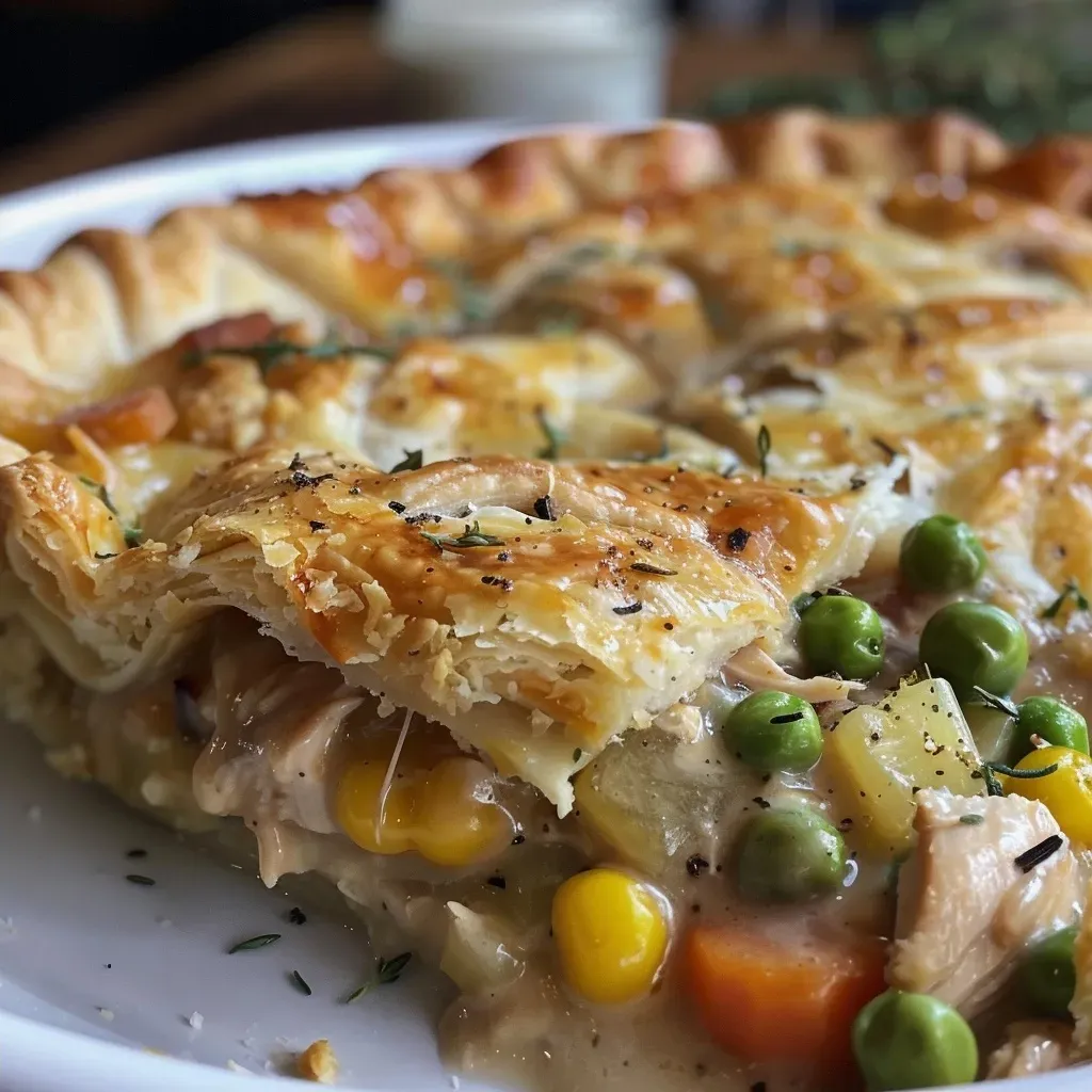 Juicy leftover chicken pot pie displayed with a golden stuffing crust.