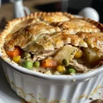 Close-up side view of a golden brown roast chicken pot pie with a flaky crust.