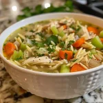 Close up of a bowl of Lemon Chicken Orzo Soup with visible chunks of chicken and vegetables.