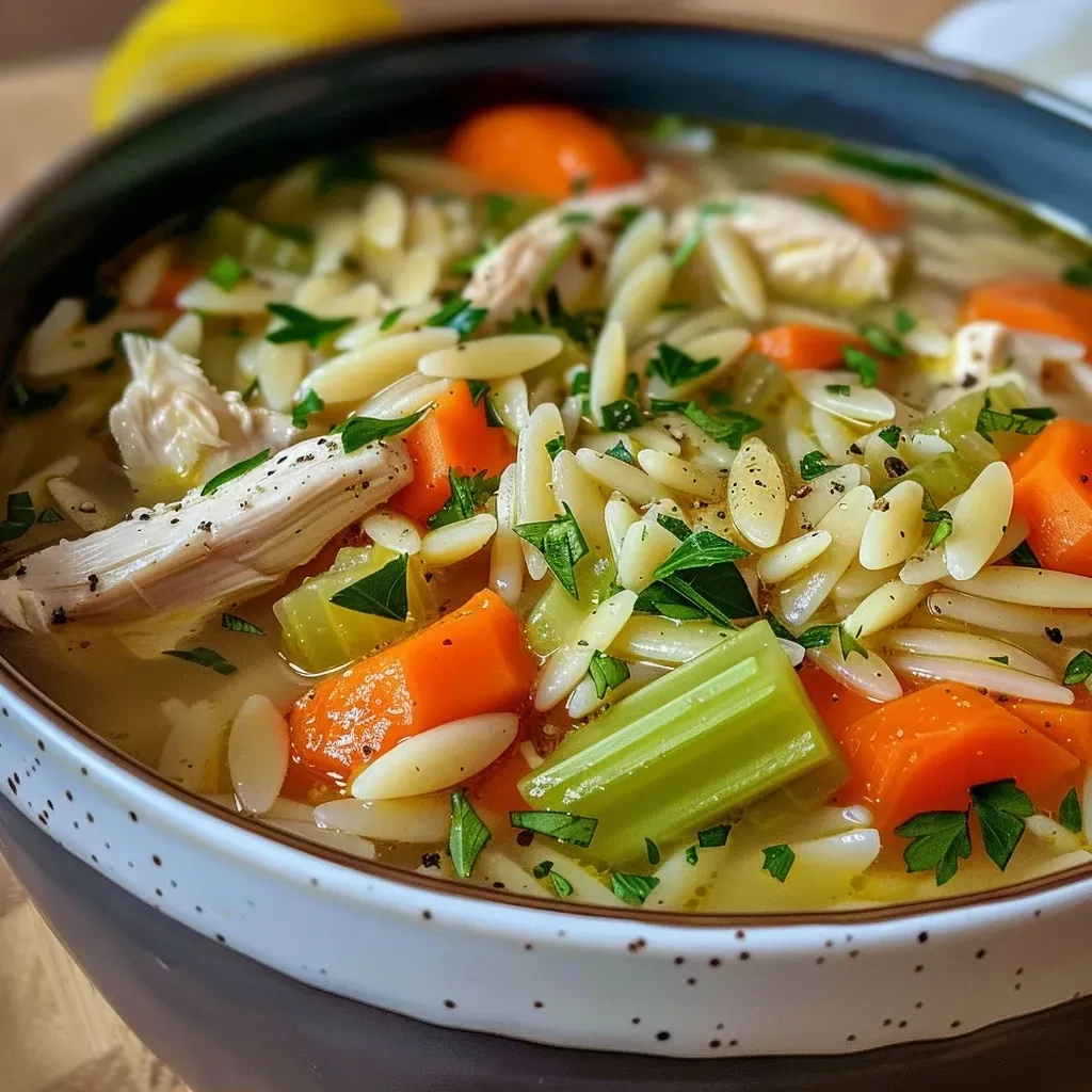A vibrant, hearty Lemon Chicken Orzo Soup displayed in a white bowl with fresh herbs on top.