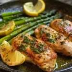 A close-up view of cooked lemon herb chicken and asparagus on a plate.