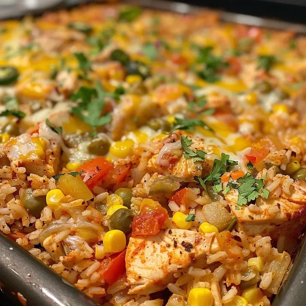 Close-up view of a Mexican Chicken and Rice Casserole, showcasing layers of chicken, rice, and cheese.