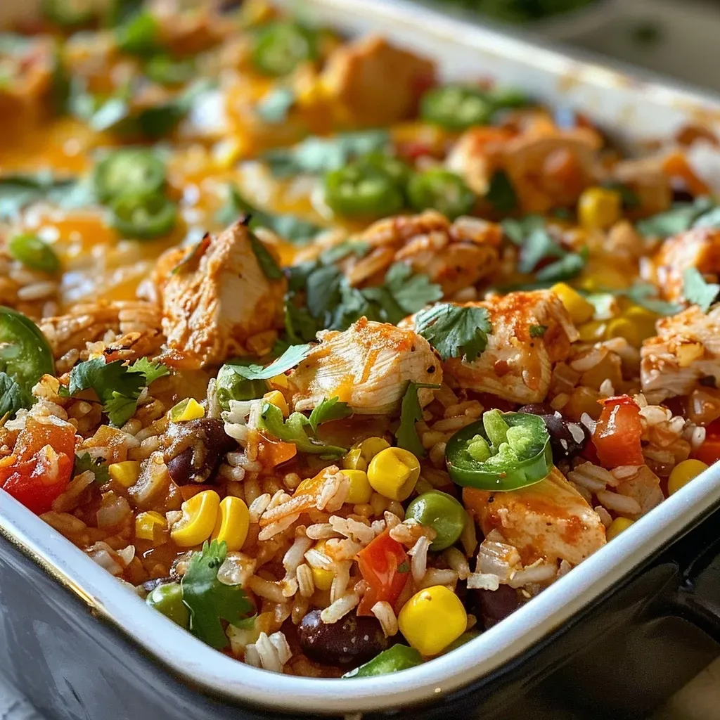 Side angle of a Mexican Chicken and Rice Casserole with melted cheese, colorful toppings, and ingredients visible.