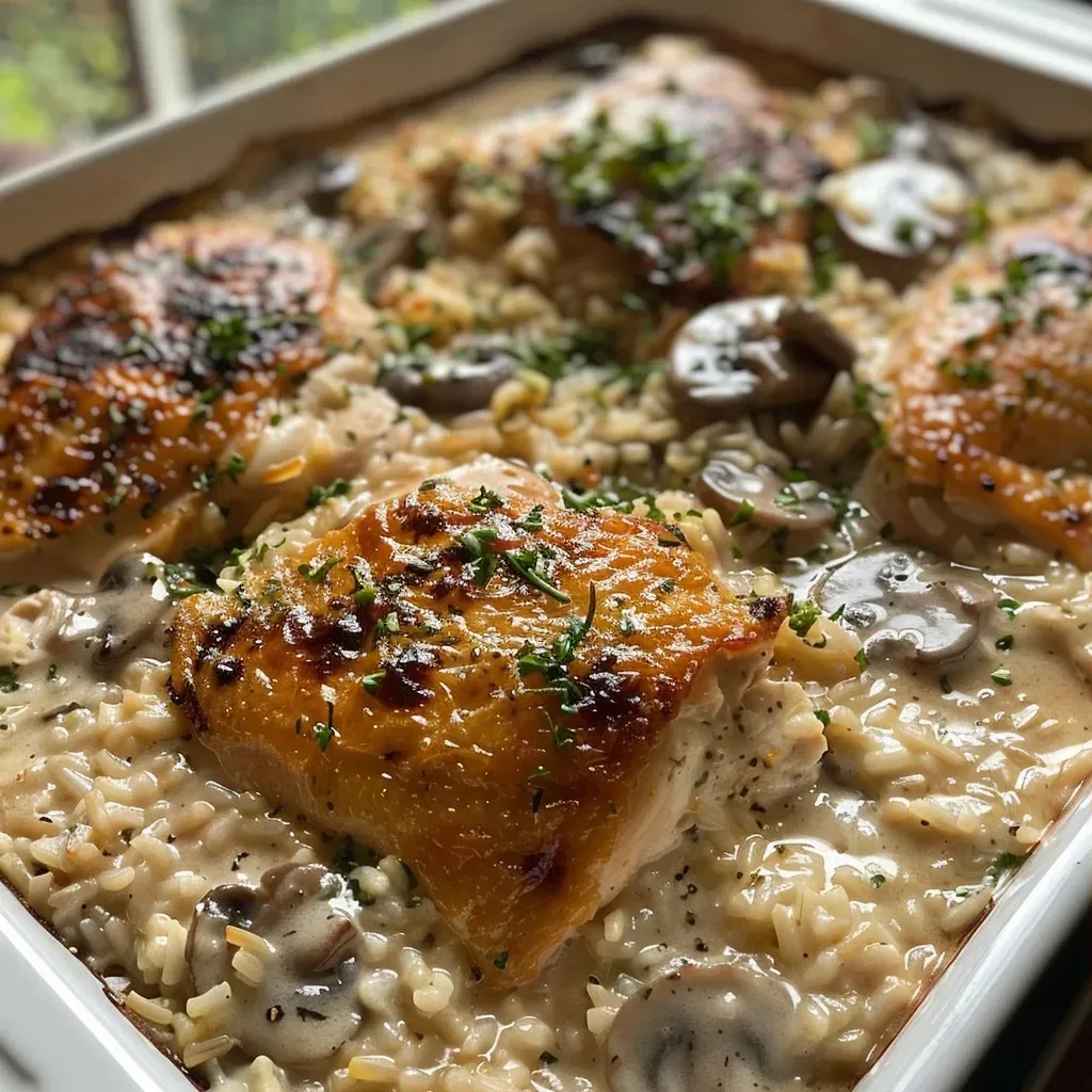 Close-up of a One Dish Chicken & Rice Bake with a golden crust and juicy chicken pieces.