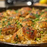 A close-up side view of juicy One Pan Chicken and Rice with colorful ingredients displayed.
