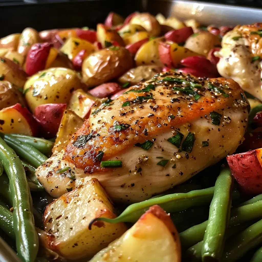 A close-up view of a one-pan chicken dinner featuring green beans, chicken chunks, and potato pieces.