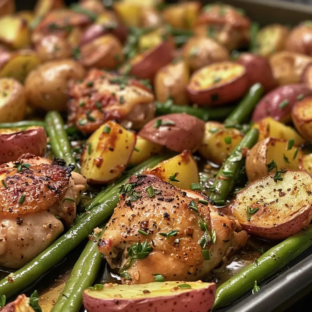 Juicy chicken pieces alongside vibrant green beans and red potatoes in a one-pan meal.