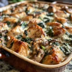 Close-up view of a one-pan chicken casserole with spinach and mushrooms, showcasing its juicy texture.
