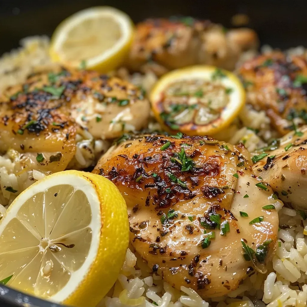 Close-up view of a one-pan lemon-herb chicken and rice dish with garnished lemon slices.