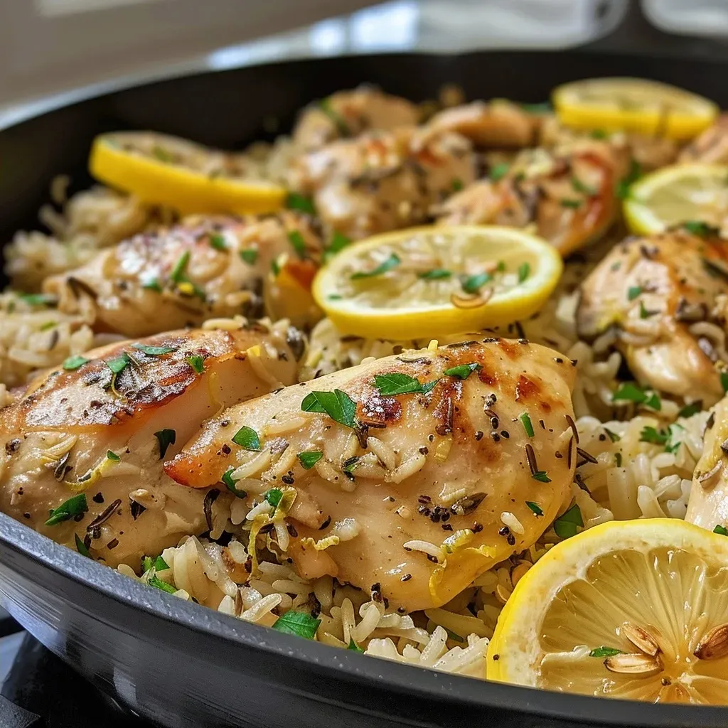 Side view of a delicious lemon herb chicken and rice bake with fresh herbs and rice.