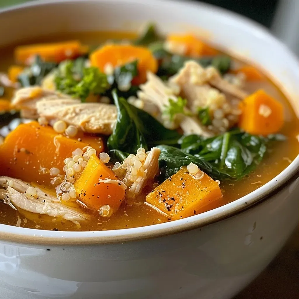 A close-up view of a hearty butternut squash chicken soup in a bowl, showcasing vibrant colors from the vegetables.