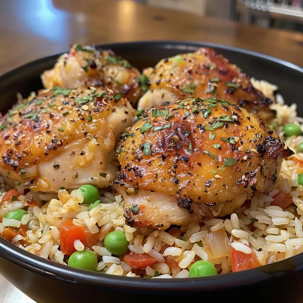 A delicious One-Pot Chicken and Rice Casserole served in a bowl, showing rice and chicken pieces.