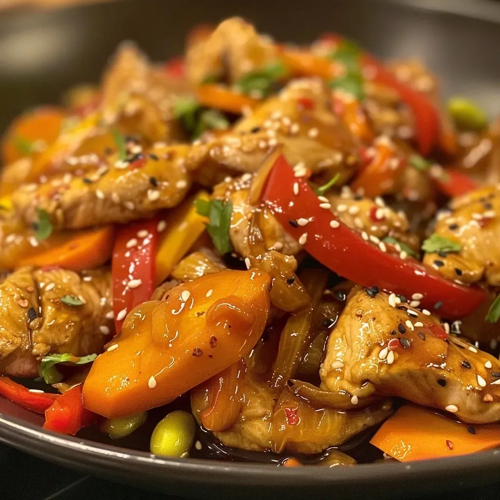 Juicy Orange Ginger Chicken Breasts garnished with sesame seeds and vegetables.