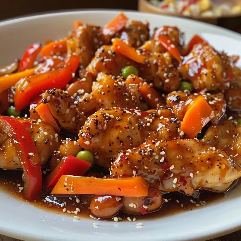 Close-up view of cooked chicken breasts in a vibrant orange sauce with carrots and bell peppers.