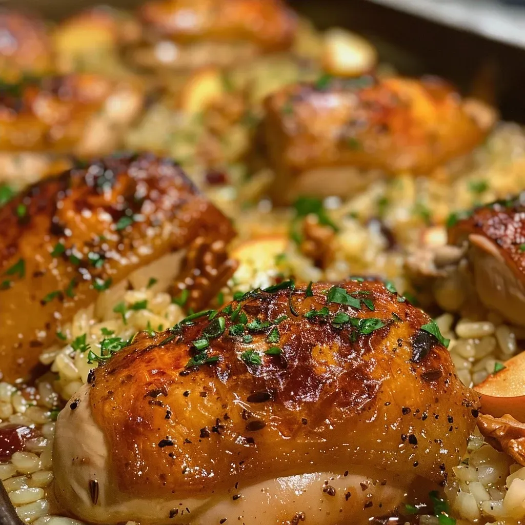 Close-up view of golden-brown baked chicken alongside colorful rice pilaf with fruits and nuts.