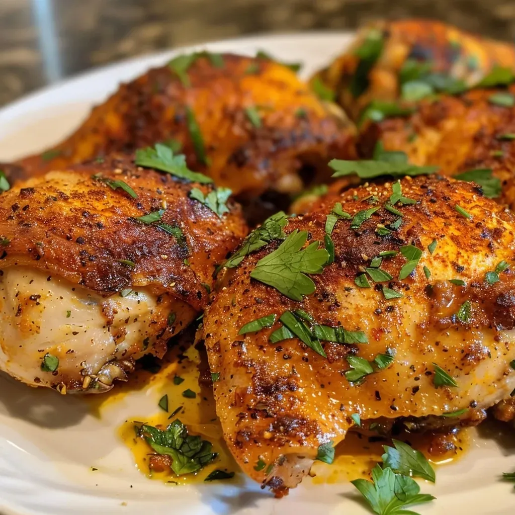 A close-up view of juicy oven-baked chicken breast seasoned with smoky paprika and garlic.