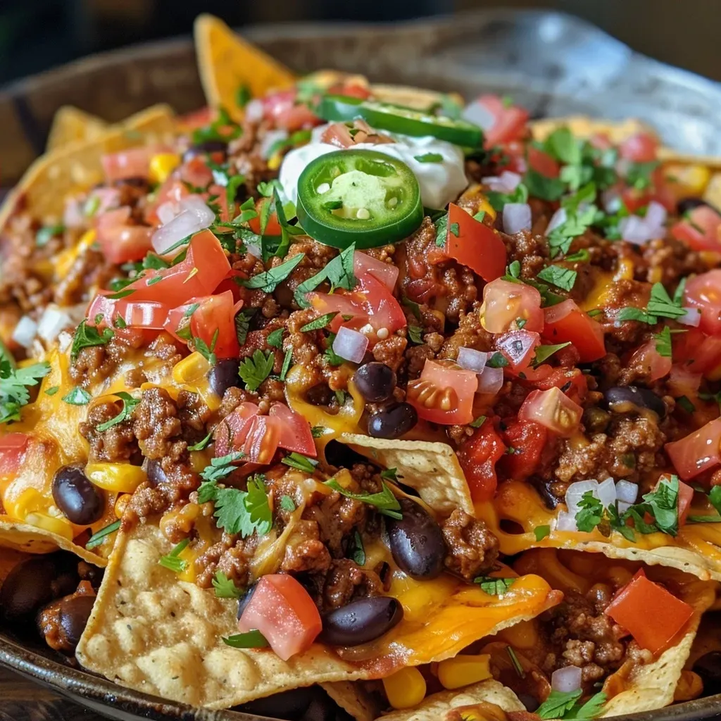 Side view photo of melted cheese and various toppings on a plate of nachos.
