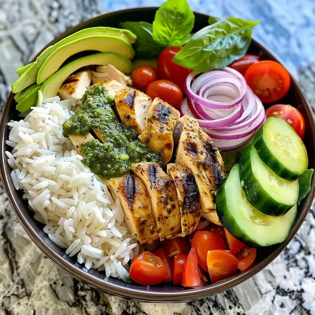 Close-up of a delicious pesto chicken bowl featuring diced chicken, broccoli, and Parmesan cheese.