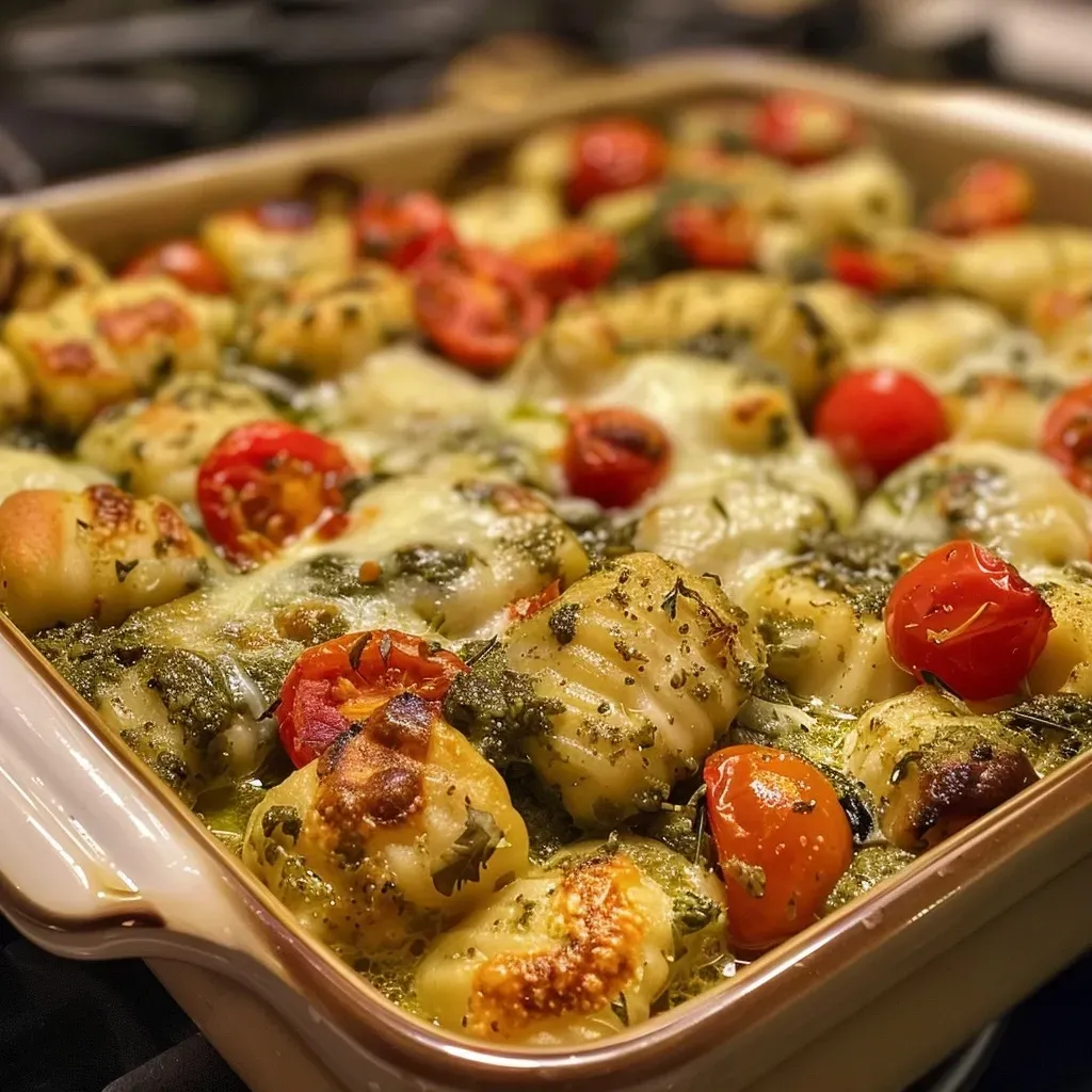 Close-up view of a Pesto Chicken Gnocchi Bake with melted cheese on top.
