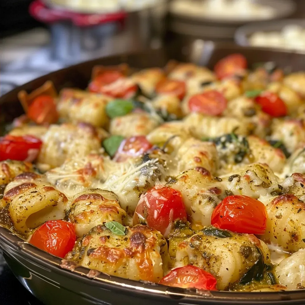Side view of a hearty Pesto Chicken Gnocchi Bake featuring chicken, spinach, and cherry tomatoes.