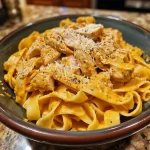 Close-up view of creamy pumpkin chicken alfredo with pasta and chicken pieces.