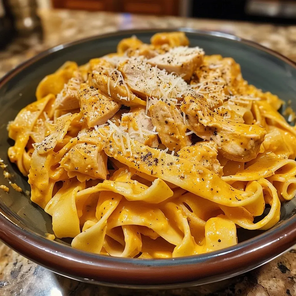 Close-up view of creamy pumpkin chicken alfredo with pasta and chicken pieces.