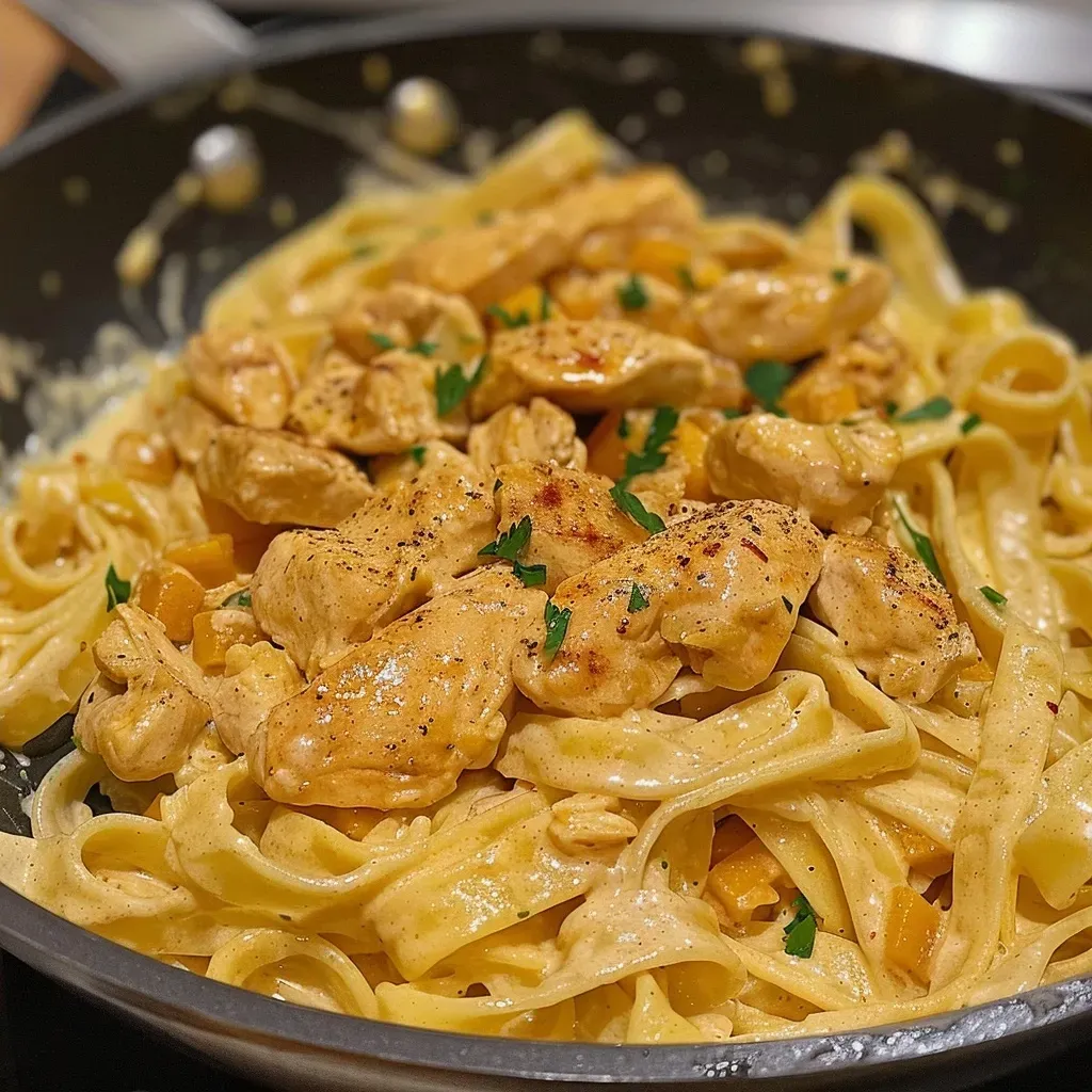 Side view of a bowl of pumpkin chicken alfredo garnished with grated Parmesan.