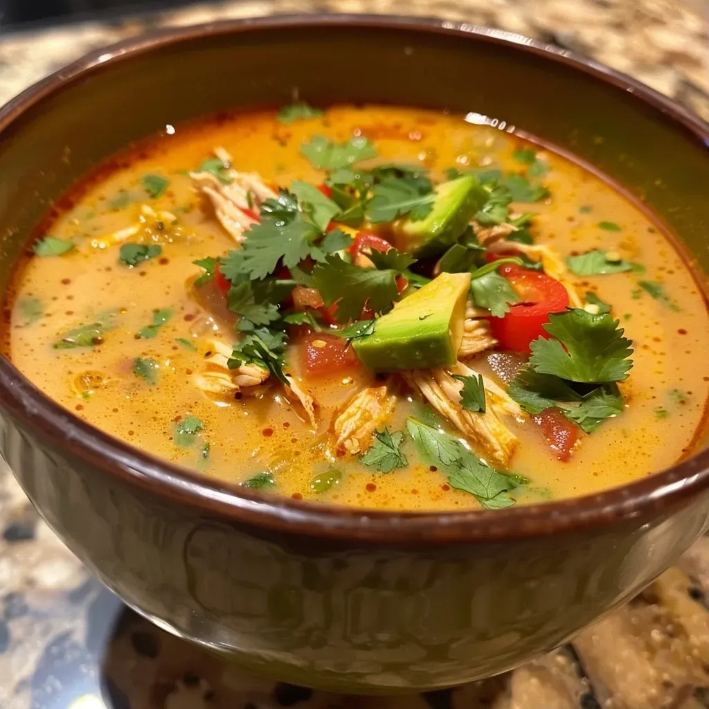 Close-up view of a bowl of Pumpkin Chicken Soup garnished with cilantro and avocado slices.