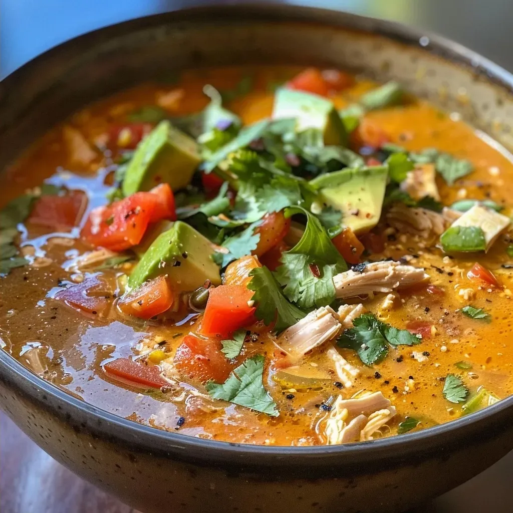 Side perspective photo of creamy Pumpkin Chicken Soup topped with tortilla strips and lime wedges.