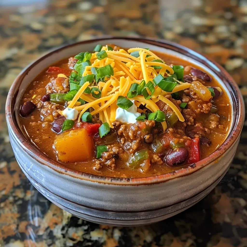 Close-up view of a bowl of pumpkin chili with colorful ingredients.