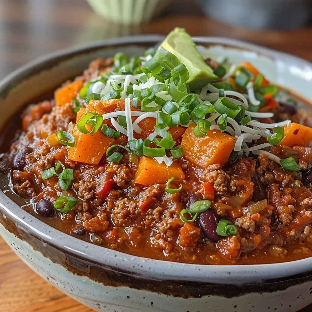 Side view of a hearty pumpkin chili topped with cilantro.