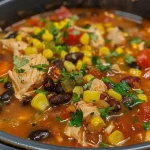 A close-up side view of a bowl of Quick Chicken Taco Soup garnished with cilantro.