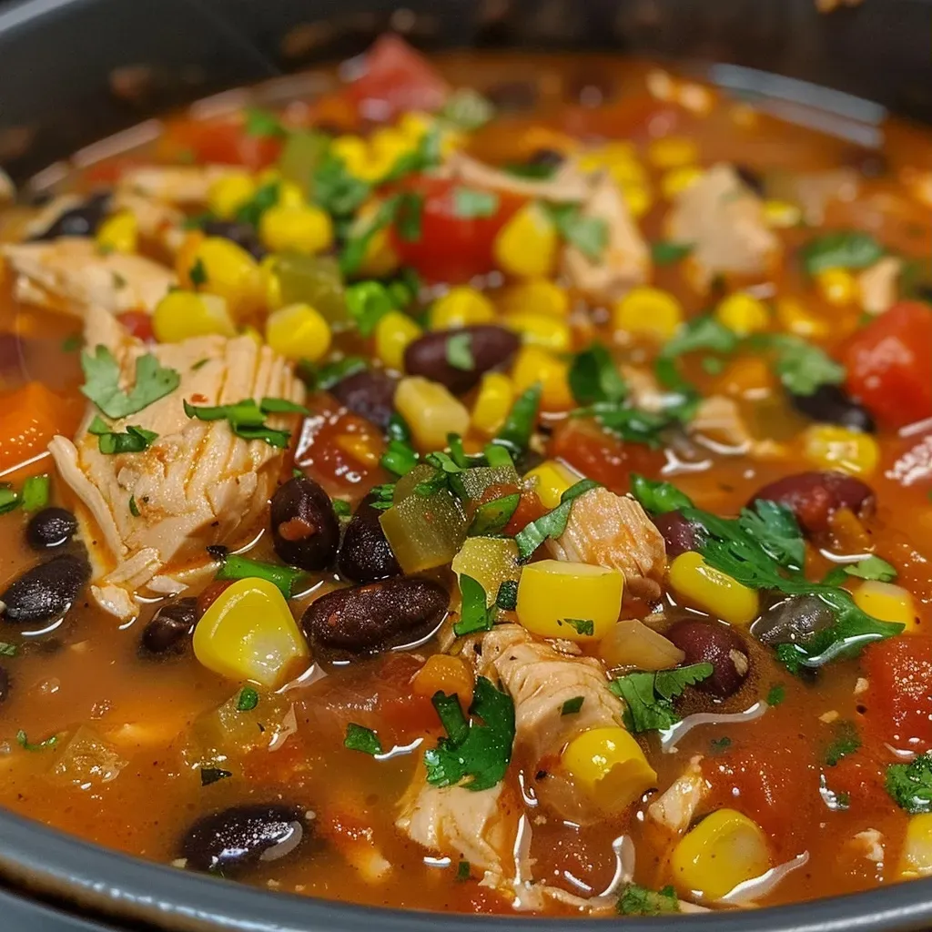 A close-up side view of a bowl of Quick Chicken Taco Soup garnished with cilantro.