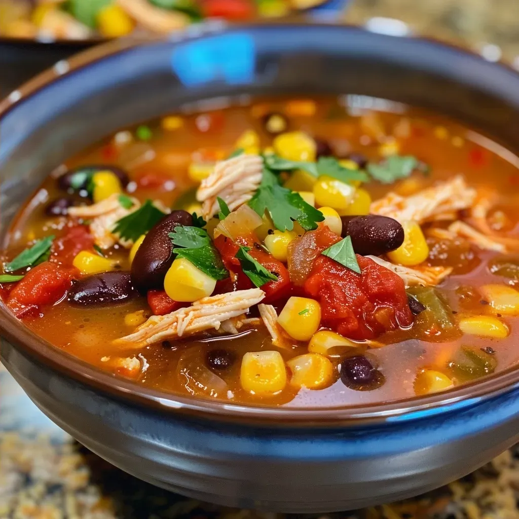 A delicious serving of chicken taco soup with visible ingredients like beans and corn in a bowl.