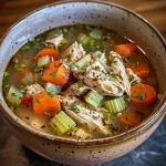 Close-up of a bowl of hearty rotisserie chicken soup with vibrant vegetables.