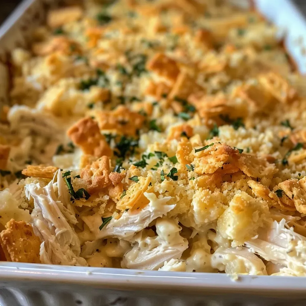 Side perspective of a golden-brown chicken casserole with Ritz cracker topping.