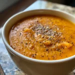 Close-up of a creamy roasted butternut squash soup in a bowl, garnished with a drizzle of olive oil and spices.