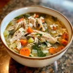 A close-up view of a steaming bowl of rotisserie chicken soup with vegetables.