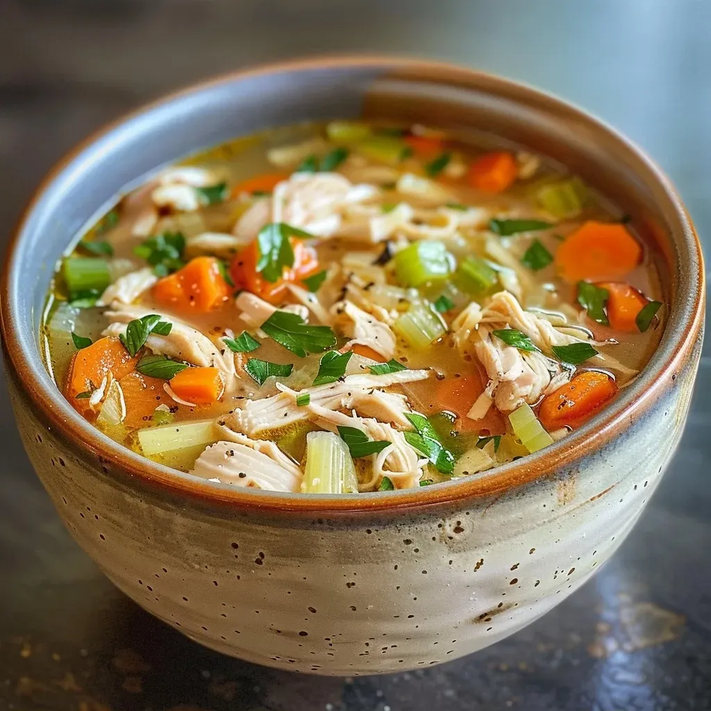 Juicy rotisserie chicken soup with vibrant carrots and celery, garnished with parsley.
