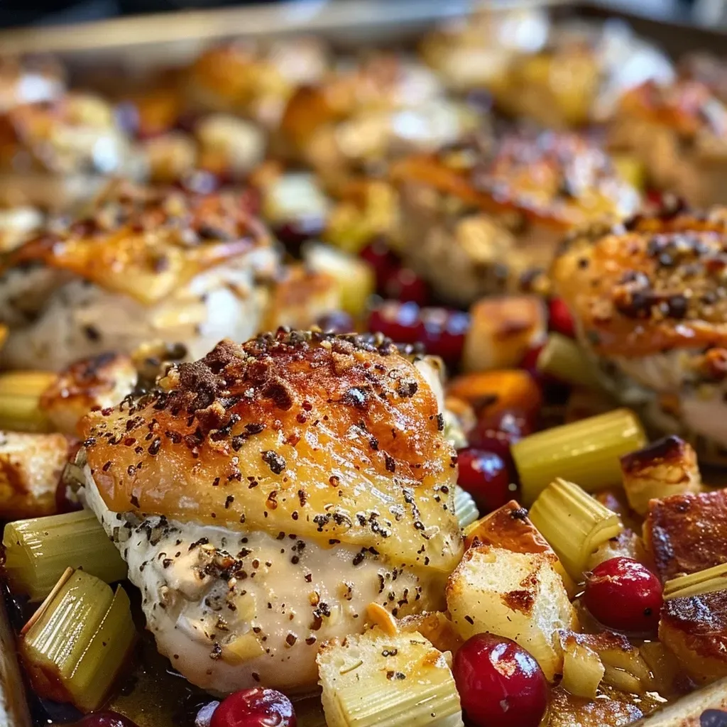 Close-up of juicy sheet pan chicken with cranberry sauce and stuffing.
