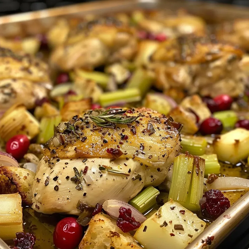Side view of a sheet pan featuring chicken breasts, cranberry sauce, and diced vegetables.