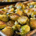 Close-up of roasted Brussels sprouts on a sheet pan, drizzled with olive oil.