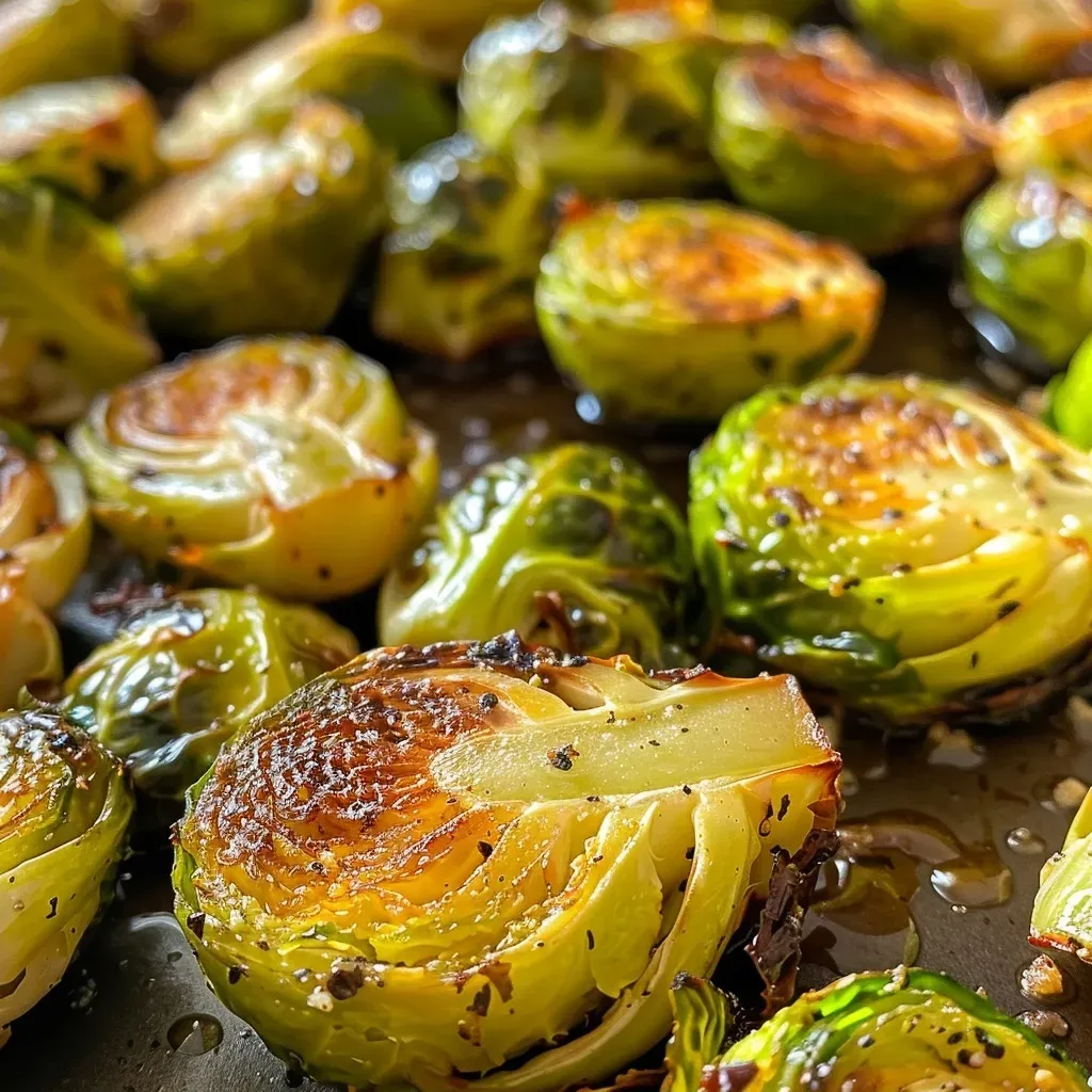 Side view of crispy Brussels sprouts, glistening from olive oil, on a baking sheet.