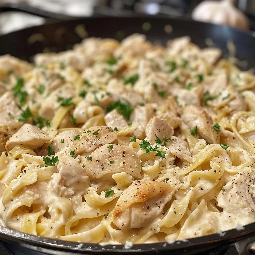 Juicy pieces of chicken in a rich Alfredo sauce with pasta.