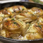 Close-up of Skillet French Onion Chicken with melted cheese on top.