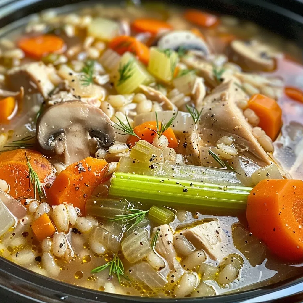 Close-up of a bowl of Slow Cooker Chicken and Barley Soup with visible chicken, barley, and vegetables.