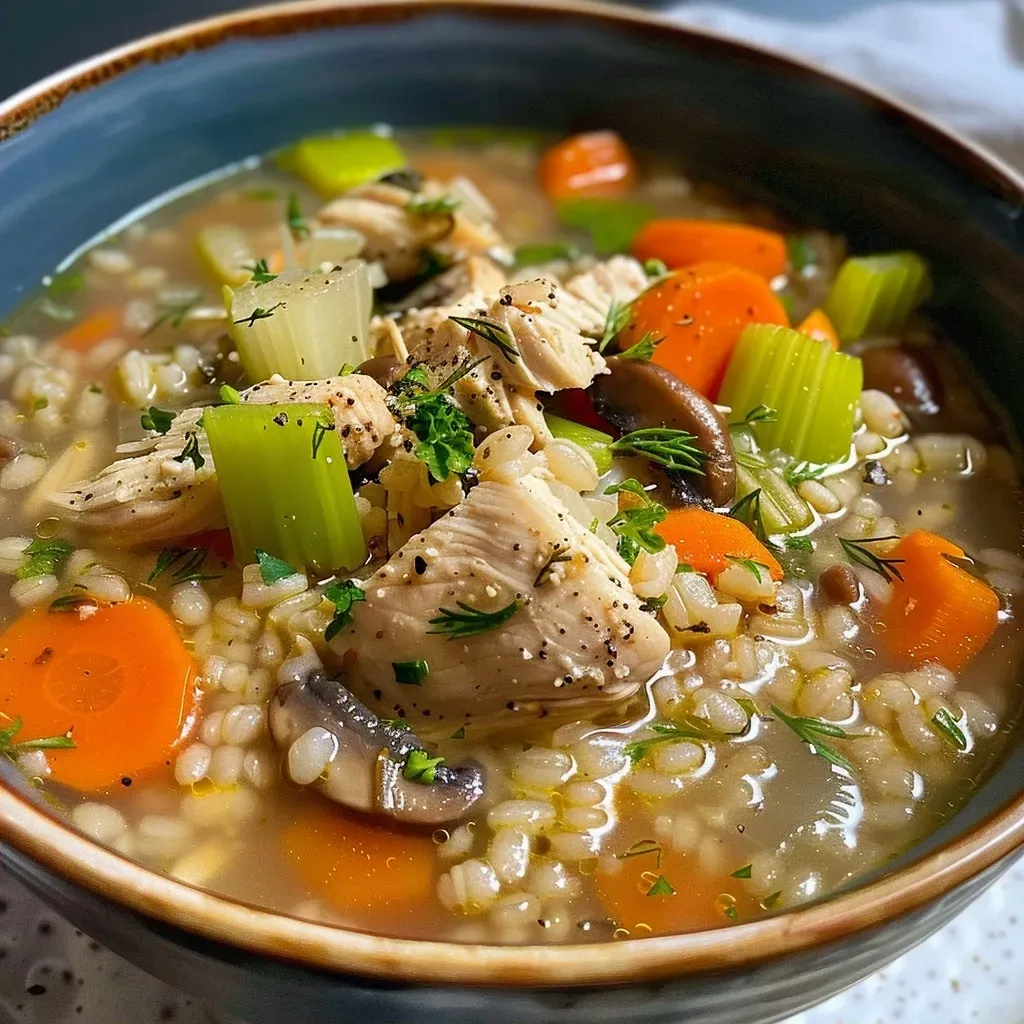 Side view of hearty Slow Cooker Chicken and Barley Soup showcasing tender chicken and fresh ingredients.