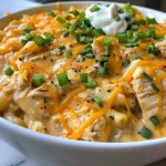 A close-up side view of a slow-cooked chicken casserole with melted cheese on top.