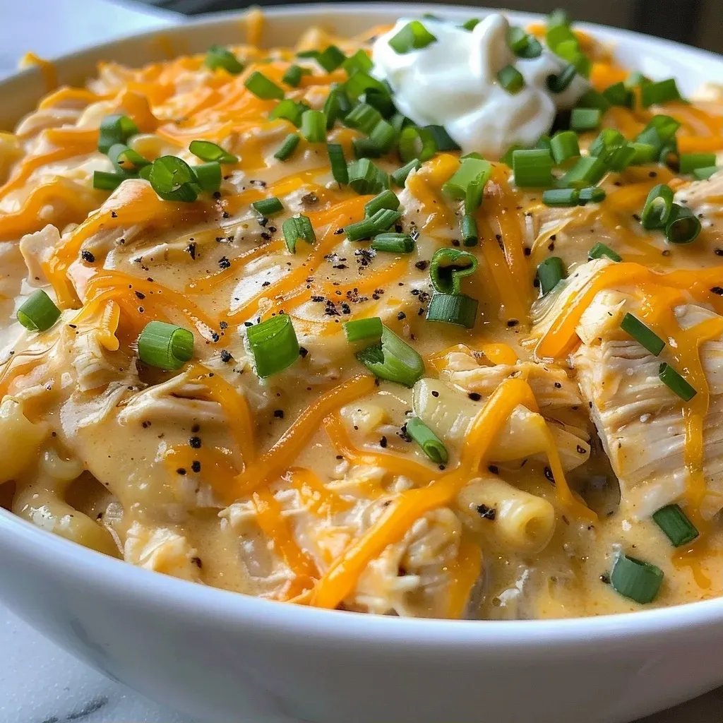 A close-up side view of a slow-cooked chicken casserole with melted cheese on top.